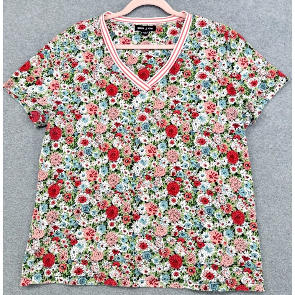 Floral V Neck Top XL Cotton Stretch Short Sleeve Summer Tee Nautica